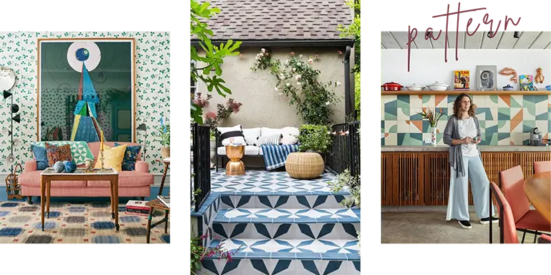 Examples of incorporating patterns in interior design, showing bold living, kitchen and garden spaces