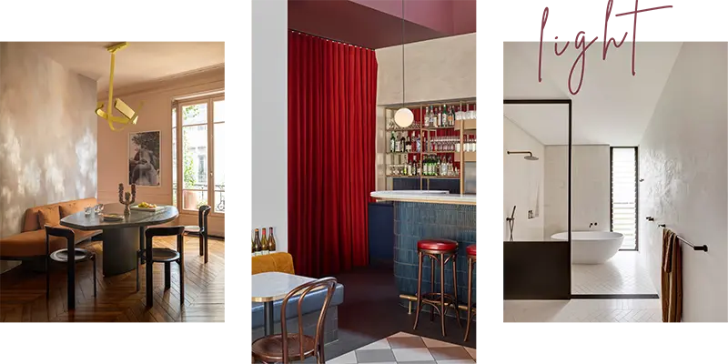 Examples of illuminating spaces with light, showing dining, bar and bathroom spaces