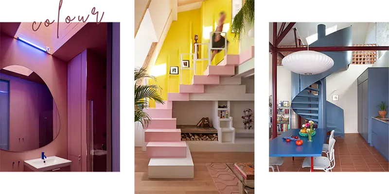 Examples of infusing life with colour in interior design, showing vibrant bathroom kitchen and living spaces