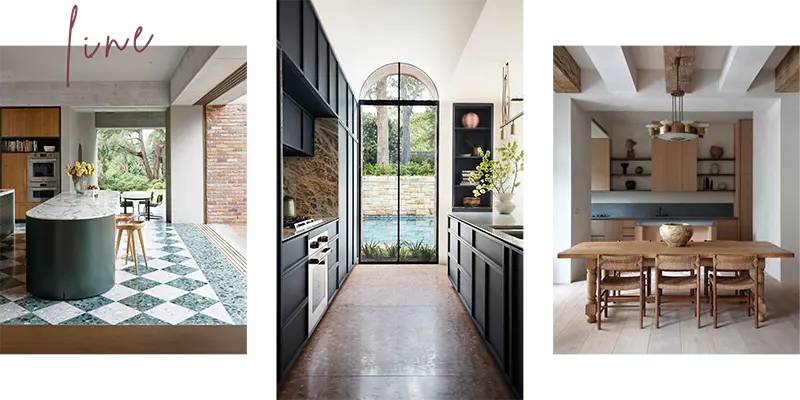 Examples of kitchen interior designs where the interior design element of line has been used.