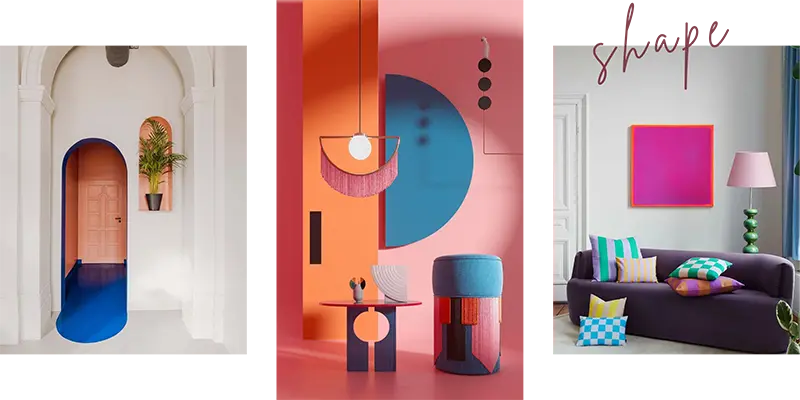 Examples of crafting aesthetic forms with shape in interior design, showing living spaces and hallway