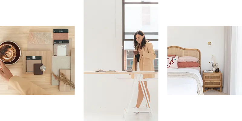 Images of Justine showing her in her workspace and a shot of Orton House bedroom interior