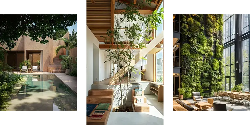 Examples of biophilic design incorporating water features and living walls